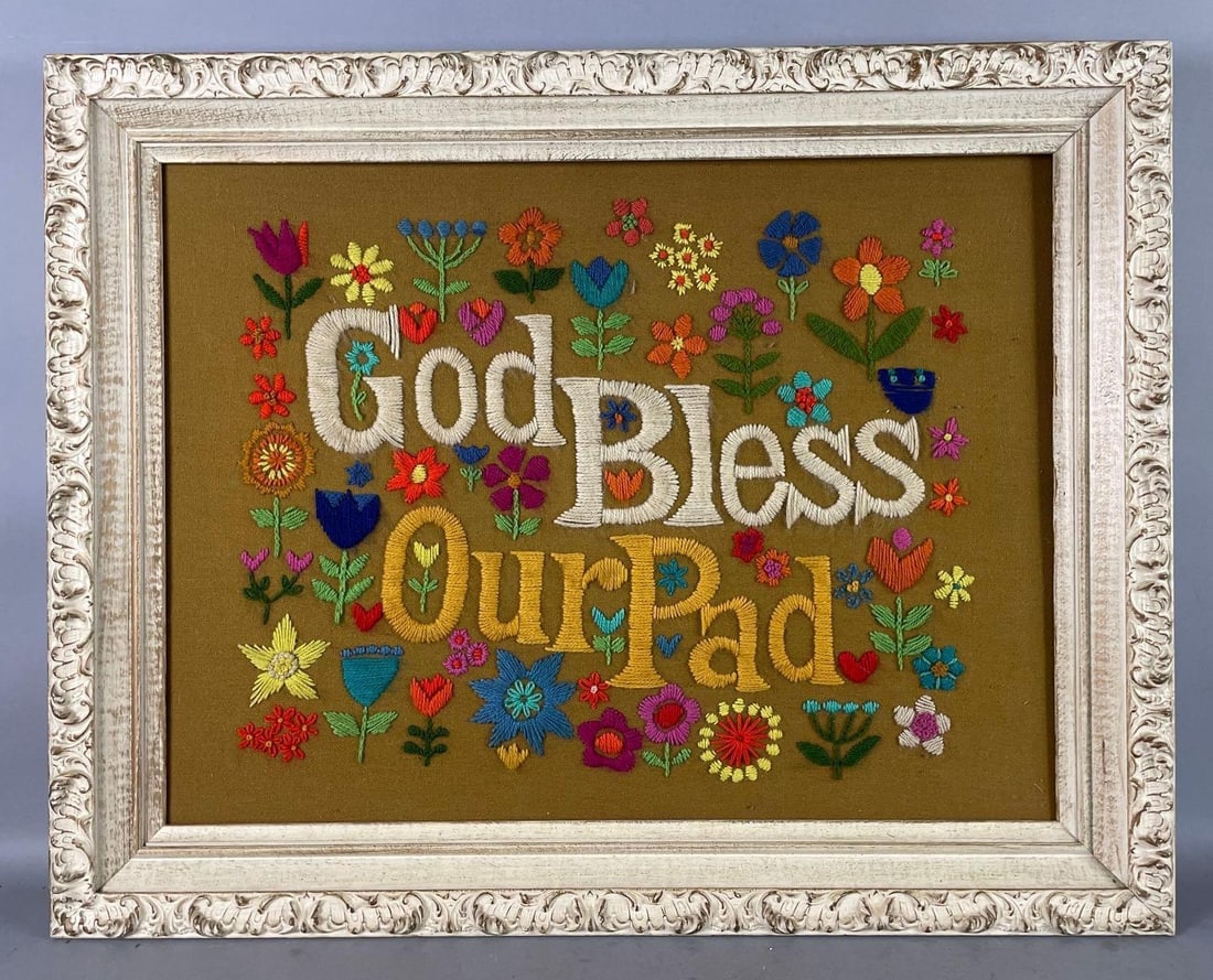 God Bless Our Pad Crewel Embroidery Art: Mounted on board, frame measures 22 3/4 inches x 28 3/4 inches