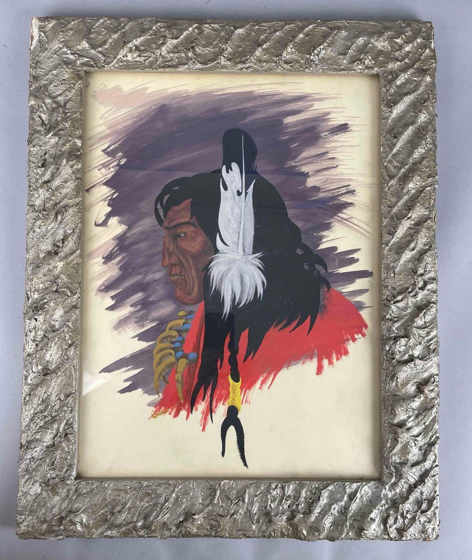 Vintage Signed Native American Portrait Acrylic Painting on Paper