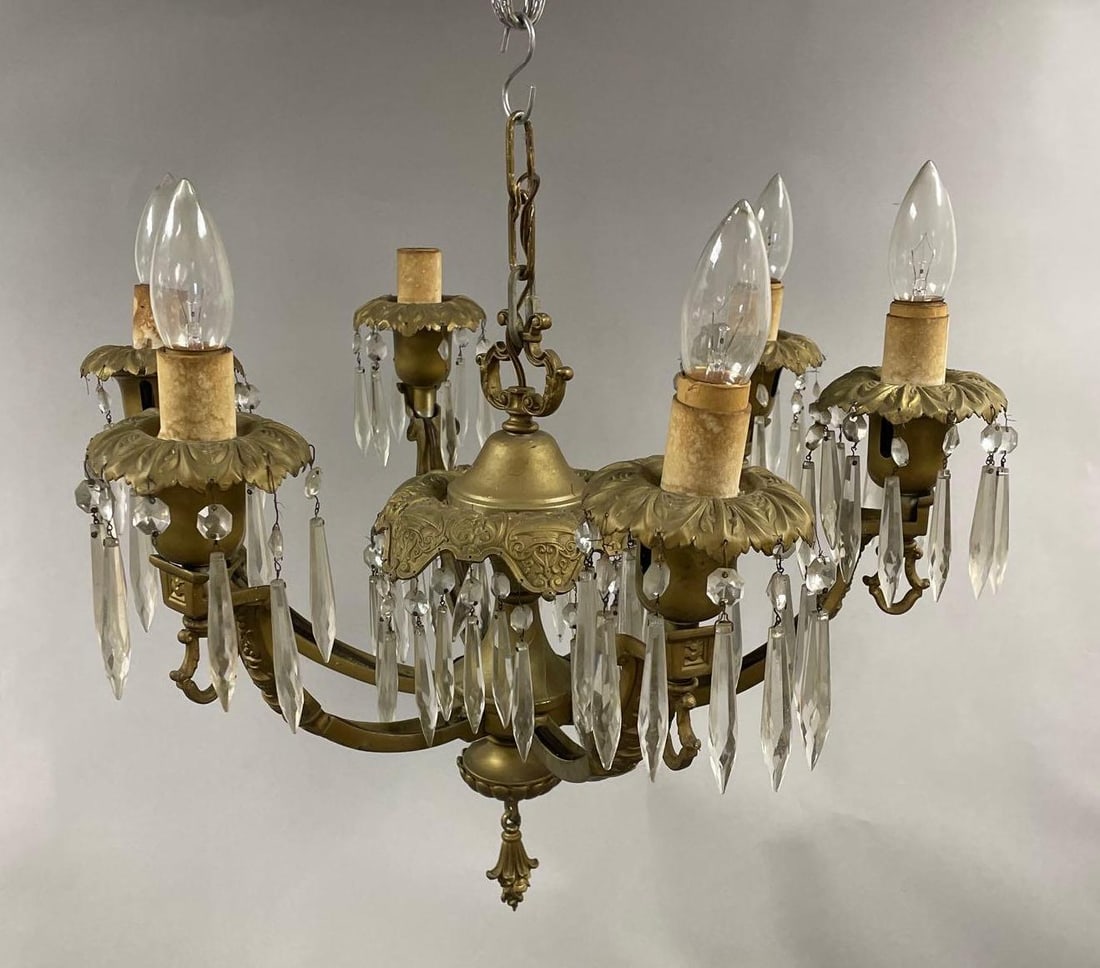 Antique Victorian Gilded 6 Arm Chandelier with Crystals (1 of 3)