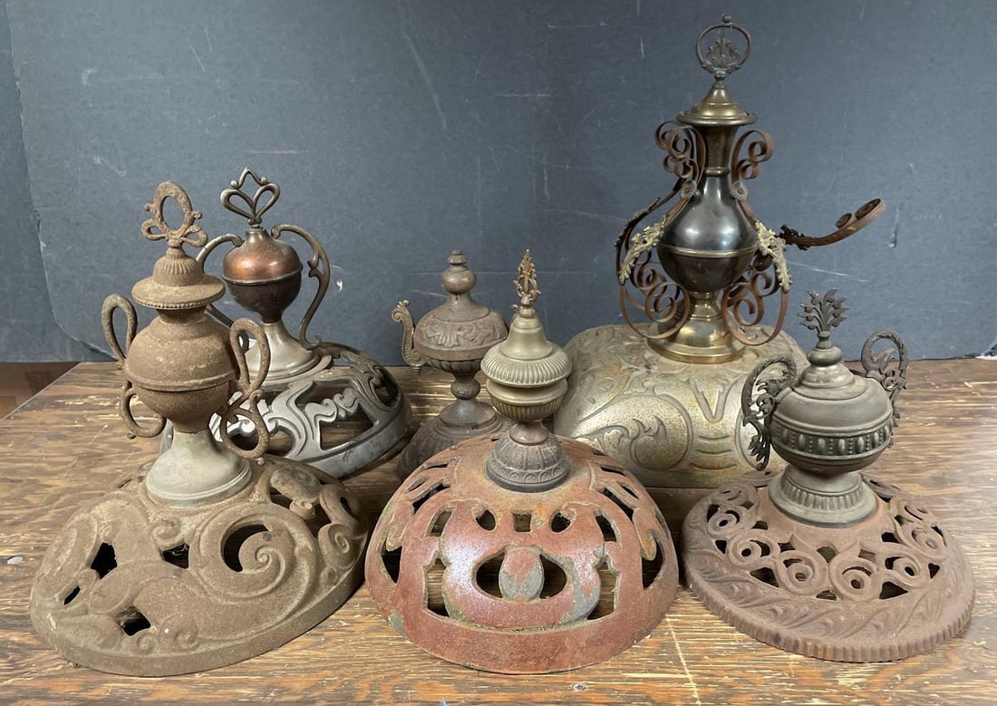 Group of Antique Cast Iron Stove Toppers: 3rd party shipper or pickup only. Includes base measuring 11 inches x 28 inches