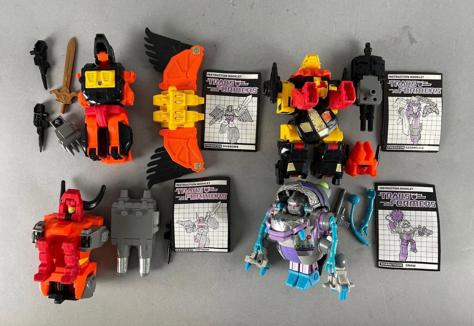 Group of Hasbro Transformers G1 Predacon Toys: Includes gnaw, tantrum, divebomb, razorclaw
