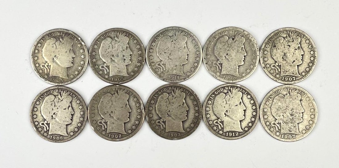 Group of 10 US Barber Silver Half Dollars (1 of 2)