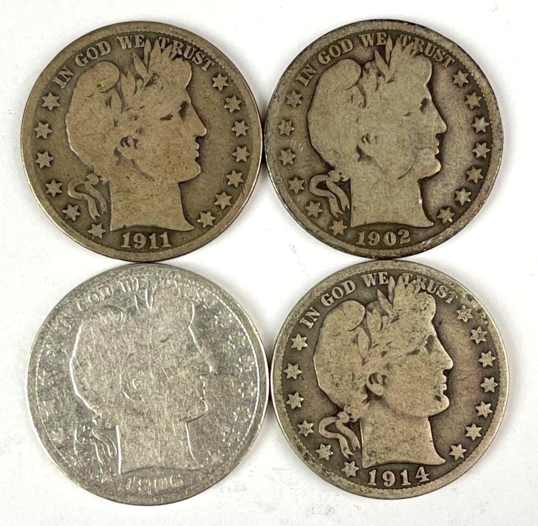Group of 4 US Barber 90% Silver Half Dollars: Includes years 1906, 1902, 1914 and 1911.