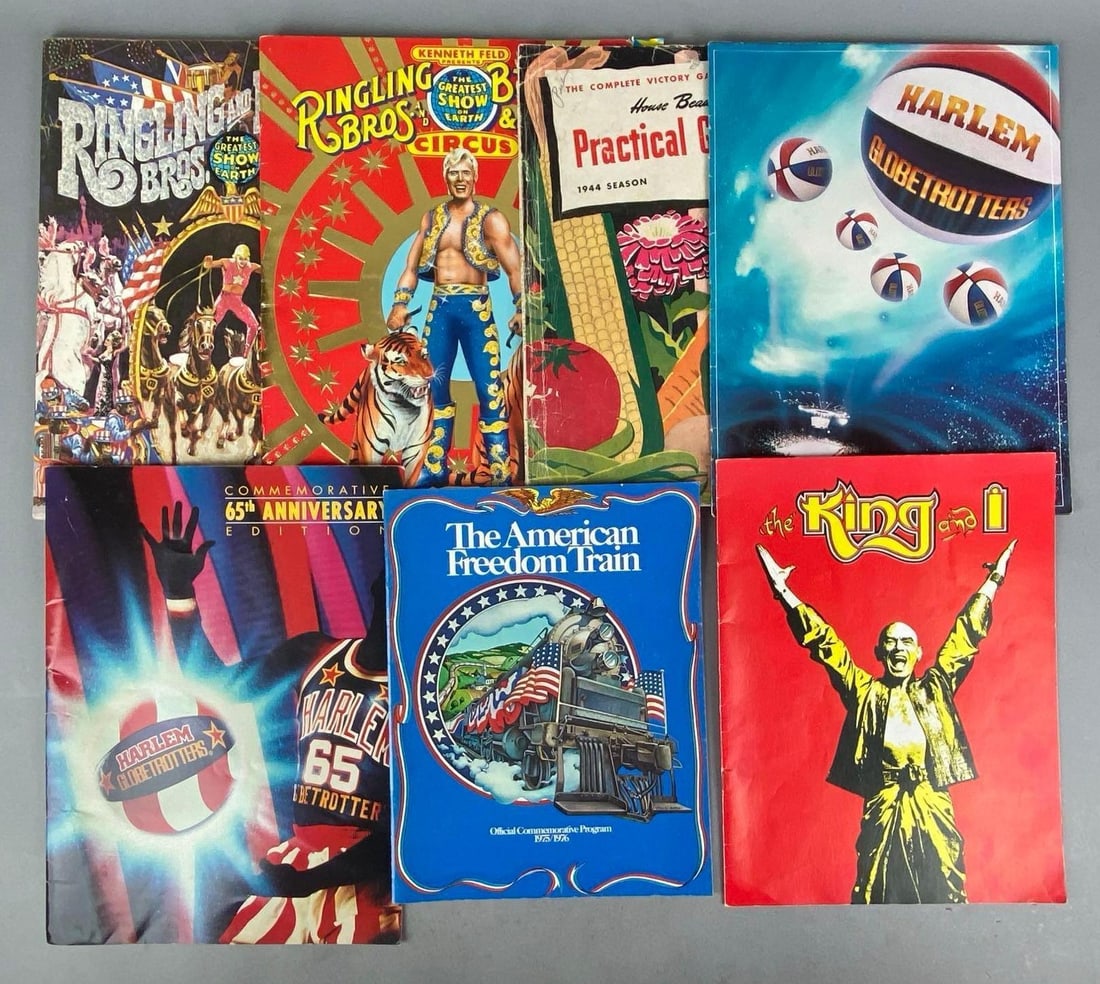 Group of 7 Vintage Programs: Includes harlem globetrotters, the king and I, the american freedom train and more, largest measures 12 1/2 H x 9 1/2 W