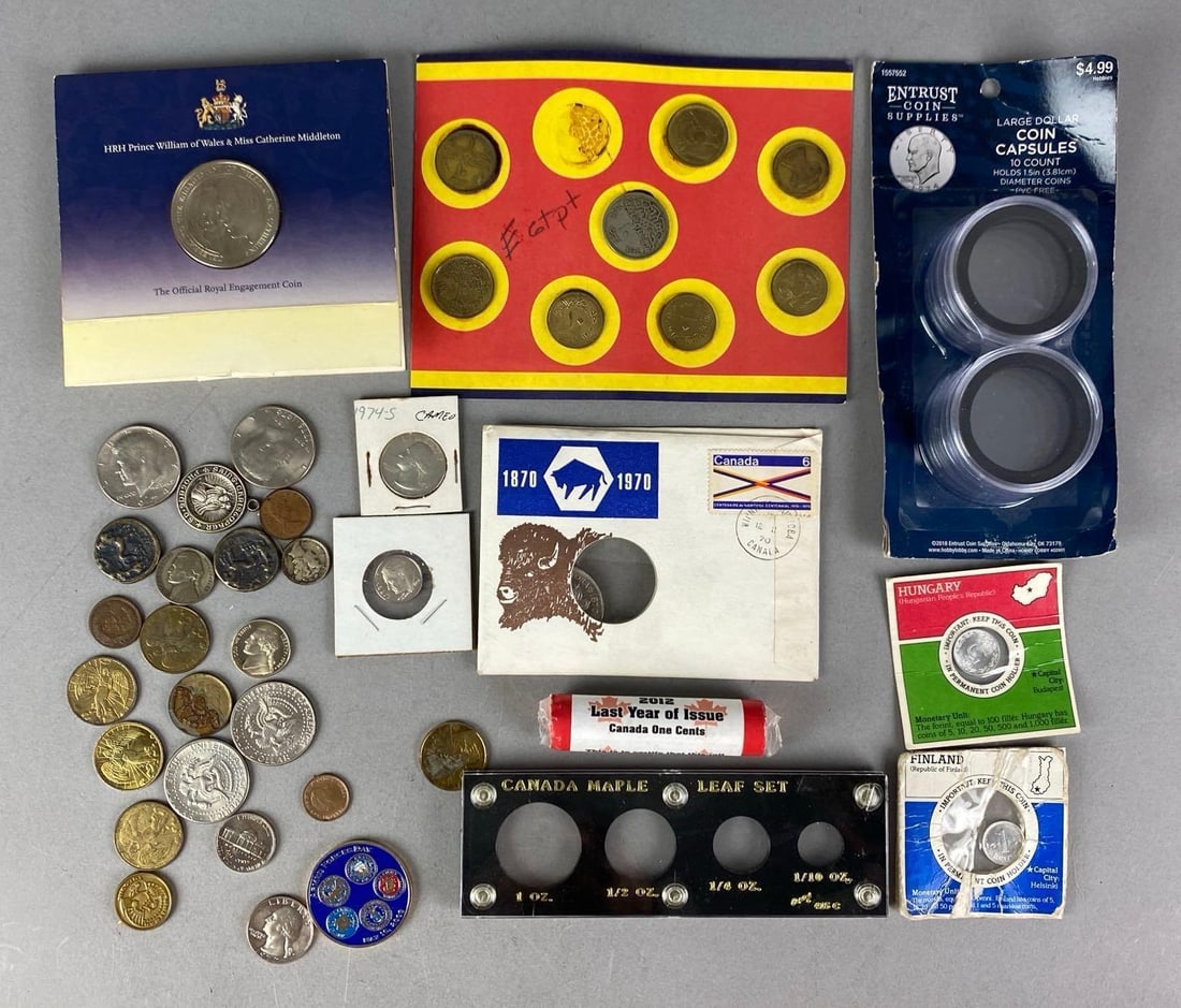Group of Assorted Coins and More: Includes coin capsules, Egyptian coins, canadian one cents roll and more