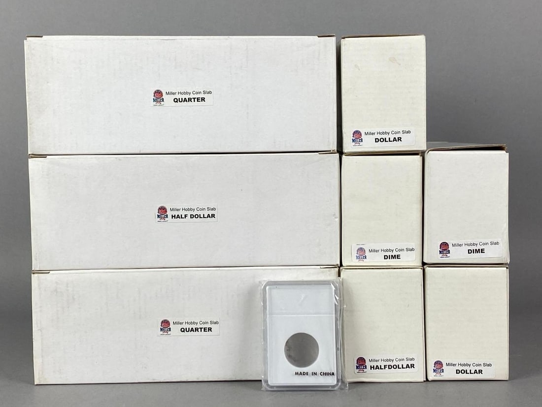 Group of Assorted Miller Hobby Coin Slab Boxes: Includes Dime, Quarter, Half Dollar and Dollar coin slabs, mix of full and partially full boxes