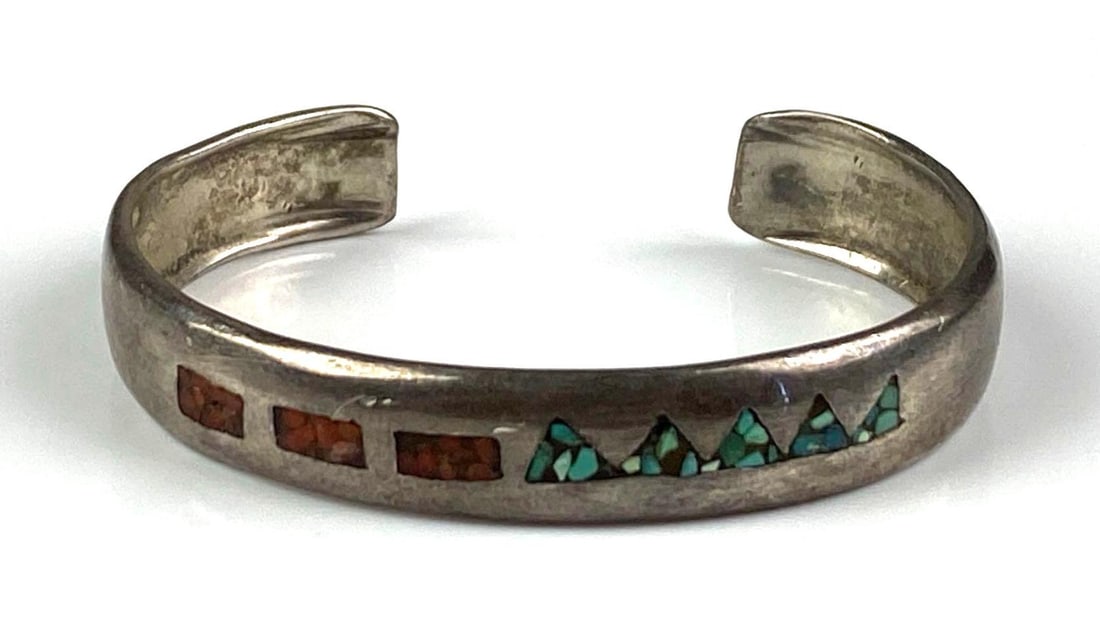 Signed Sterling Silver Turquoise Coral Cuff Bracelet: inner circumference measures 6 with a 1 opening