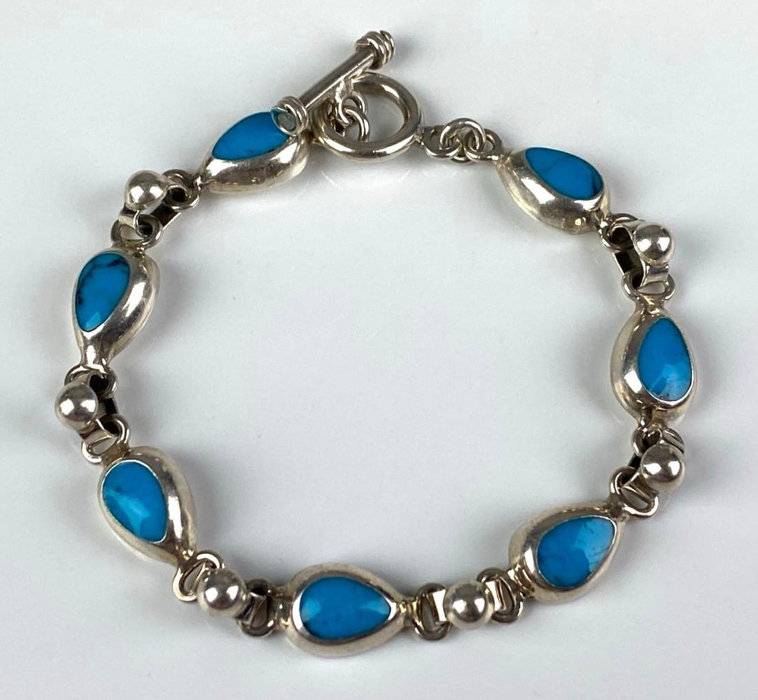 Mexican Sterling Silver Teardrop Turquoise Link Toggle Bracelet (1 of 2)