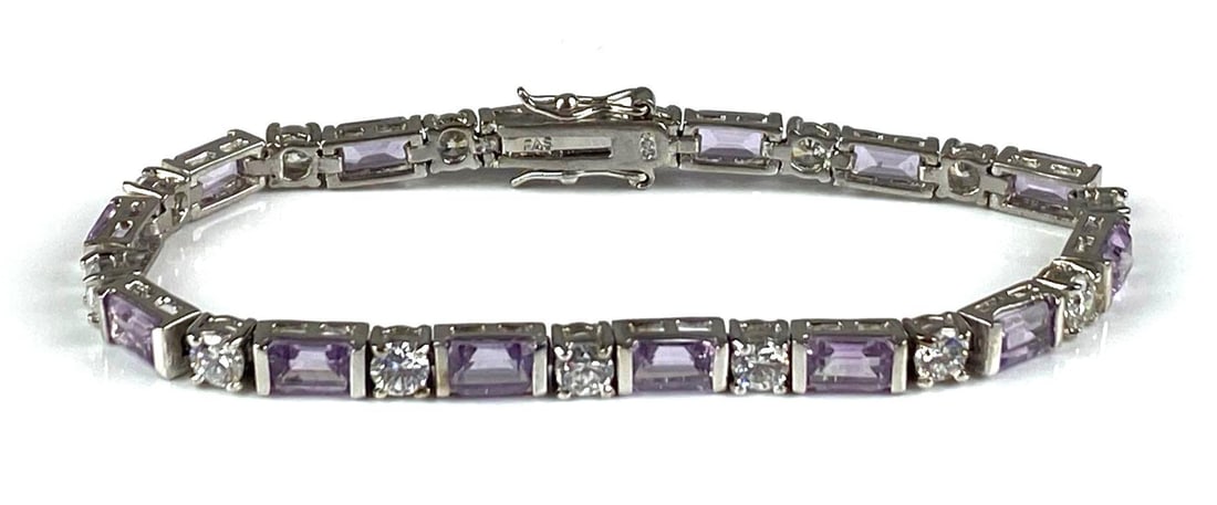 FAS Signed Sterling Silver Amethyst CZ Bracelet: Measures 7 in length