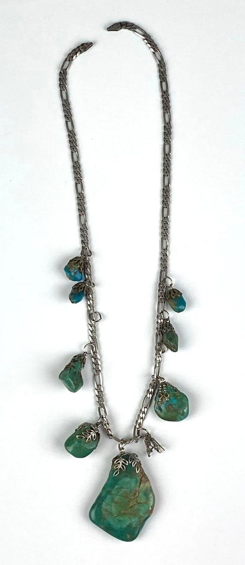 Italian Sterling Silver Figaro Link Turquoise Chunk Necklace: Broken clasp, Missing one stone, measures 17 in length