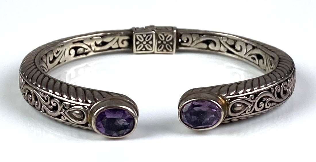 Sterling Silver Elegant Openwork Amethyst Hinged Cuff Bracelet (1 of 4)
