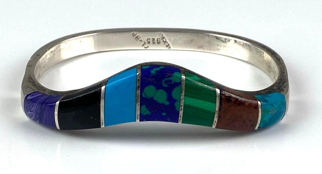 Mexican Sterling Silver Multi-Stone Hinged Bangle: Measures 2 1/4 H x 2 1/2 W