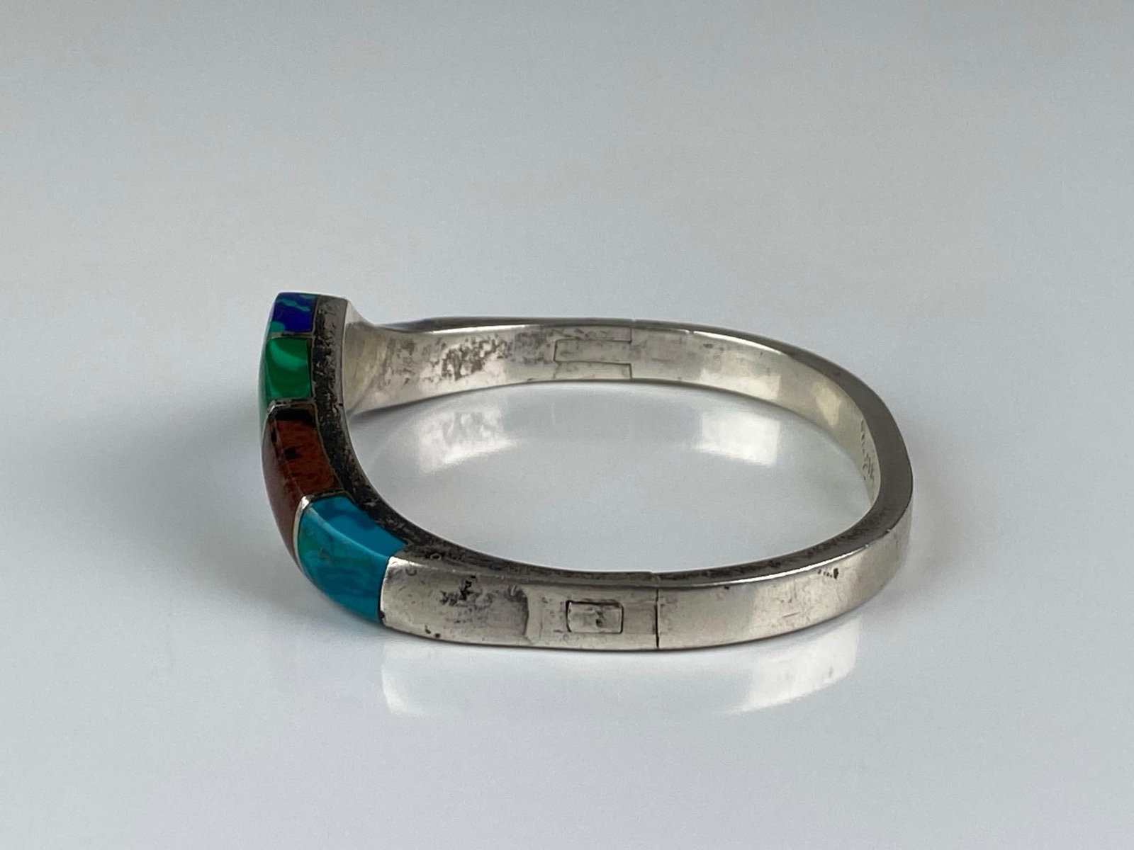 Mexican Sterling Silver Multi-Stone Hinged Bangle - 2