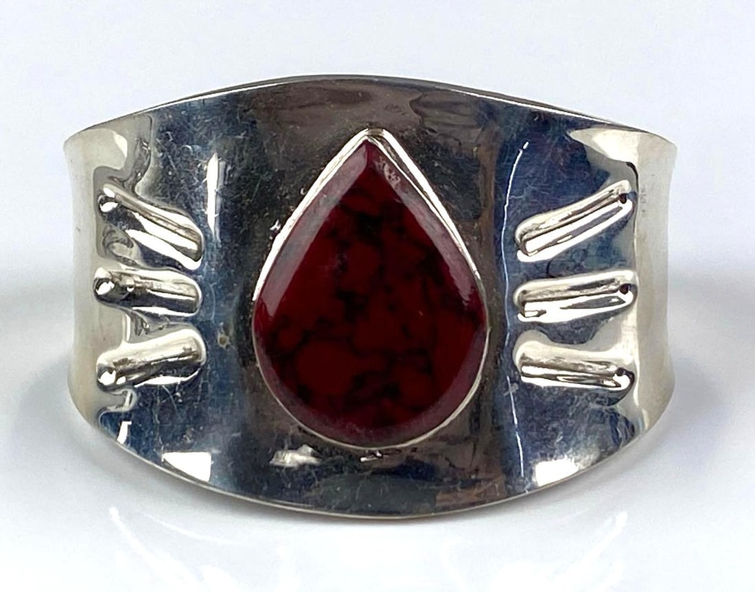 Mexican Sterling Silver Teardrop Red Jasper Cuff Bracelet: Inner circumference measures 7 1/2 with a 1 1/2 opening