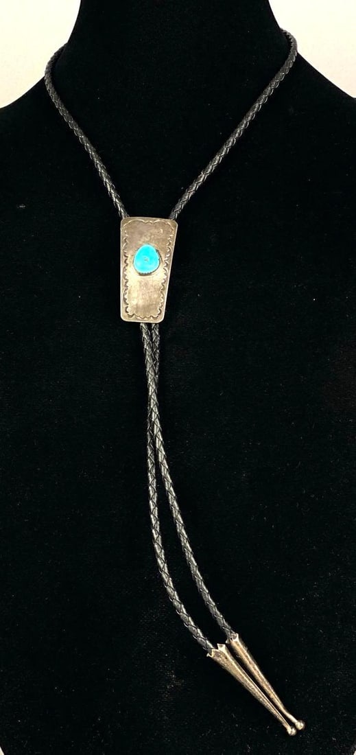 LP Signed Sterling Silver Turquoise Bolo Tie: Measures 36 in length