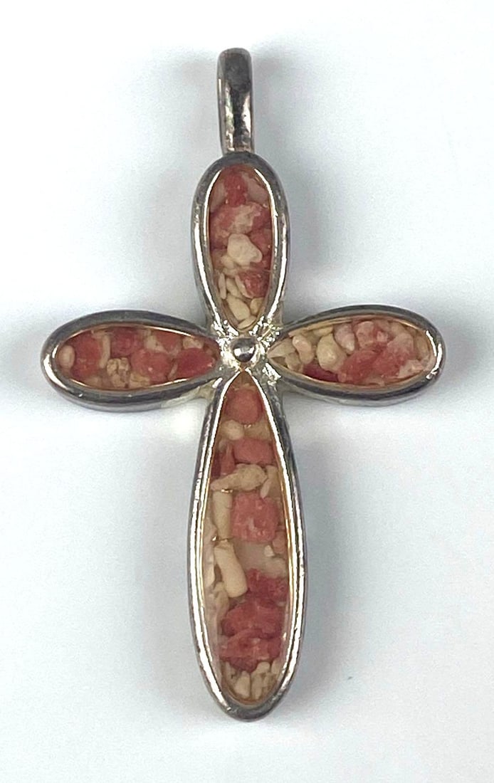 JRD Signed Sterling Silver Pink and White Coral Cross Pendant: Measures 1 1/2 H x 3/4 W