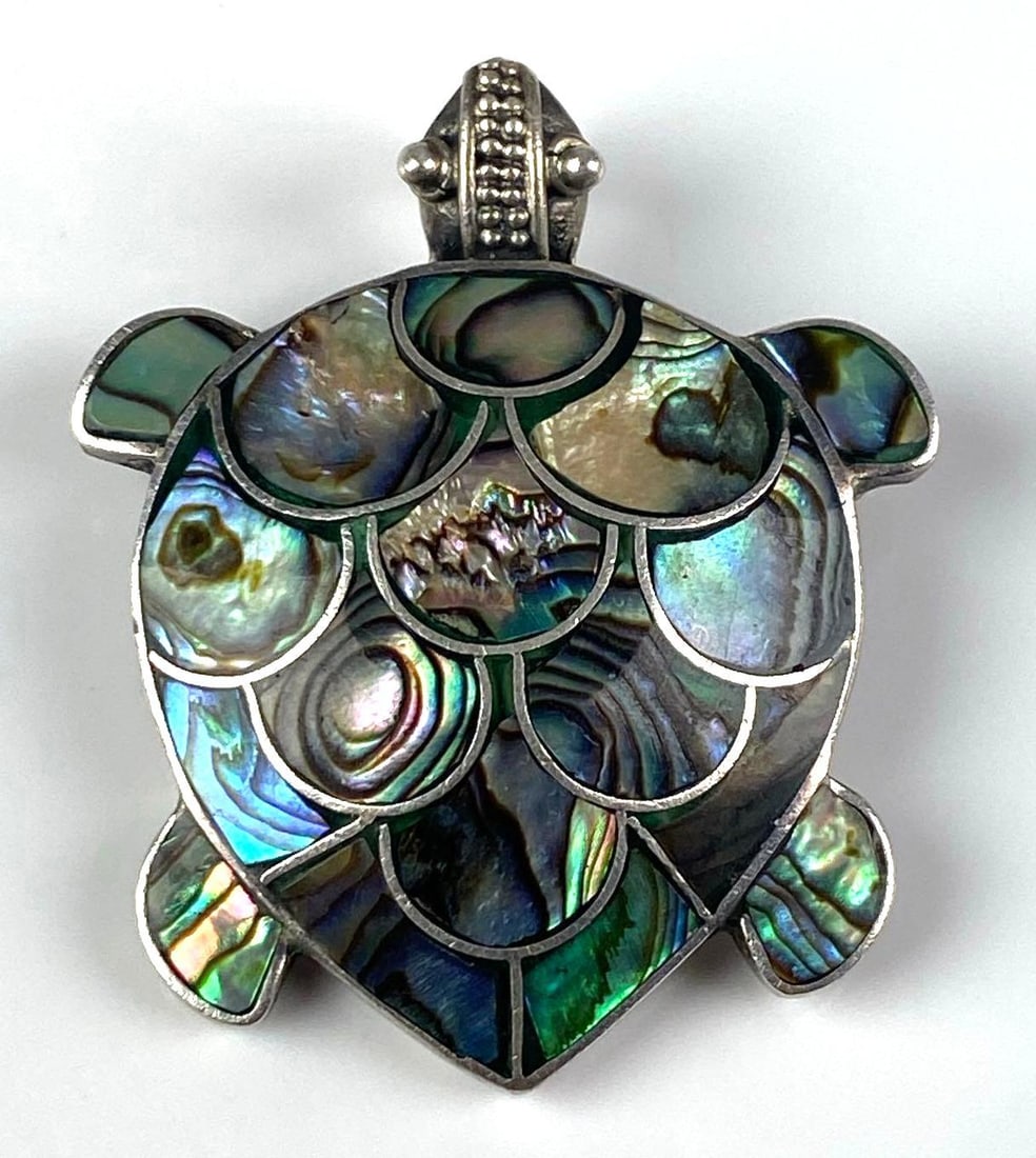 Sterling Silver MOP Turtle Brooch/Pendant: Mother of pearl, Measures 1 1/2 H x 1 1/4 W