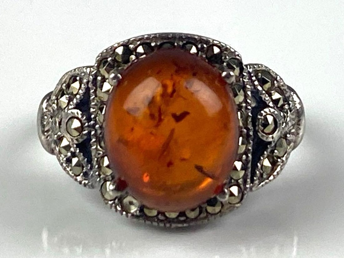Sterling Silver Amber Marcasite Ring: Size 6