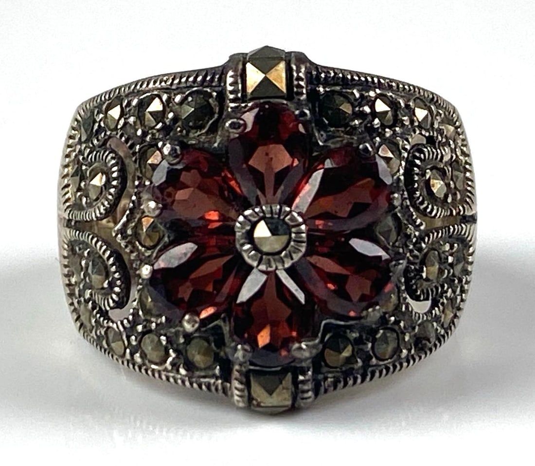 CFJ Signed Sterling Silver Garnet Marcasite Cluster Ring: Size 9