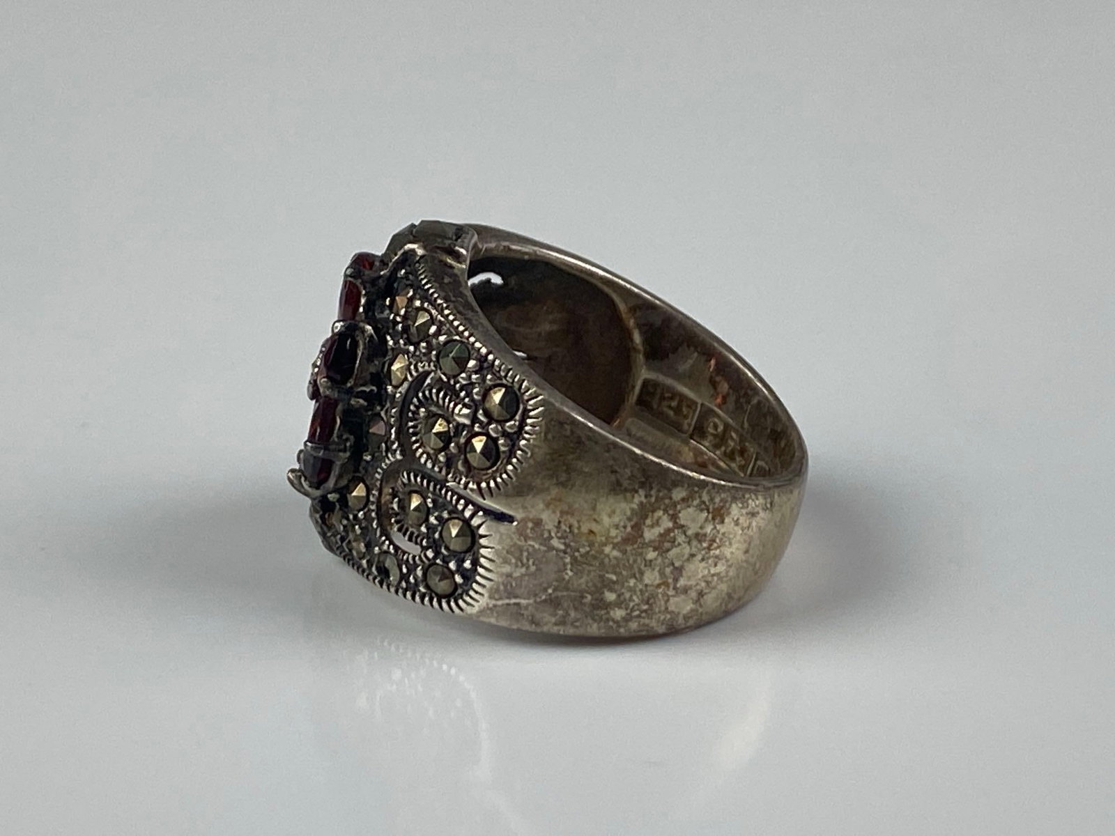 CFJ Signed Sterling Silver Garnet Marcasite Cluster Ring - 2