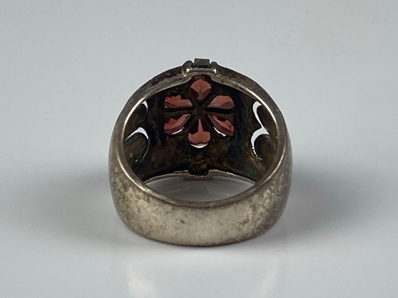 CFJ Signed Sterling Silver Garnet Marcasite Cluster Ring - 3