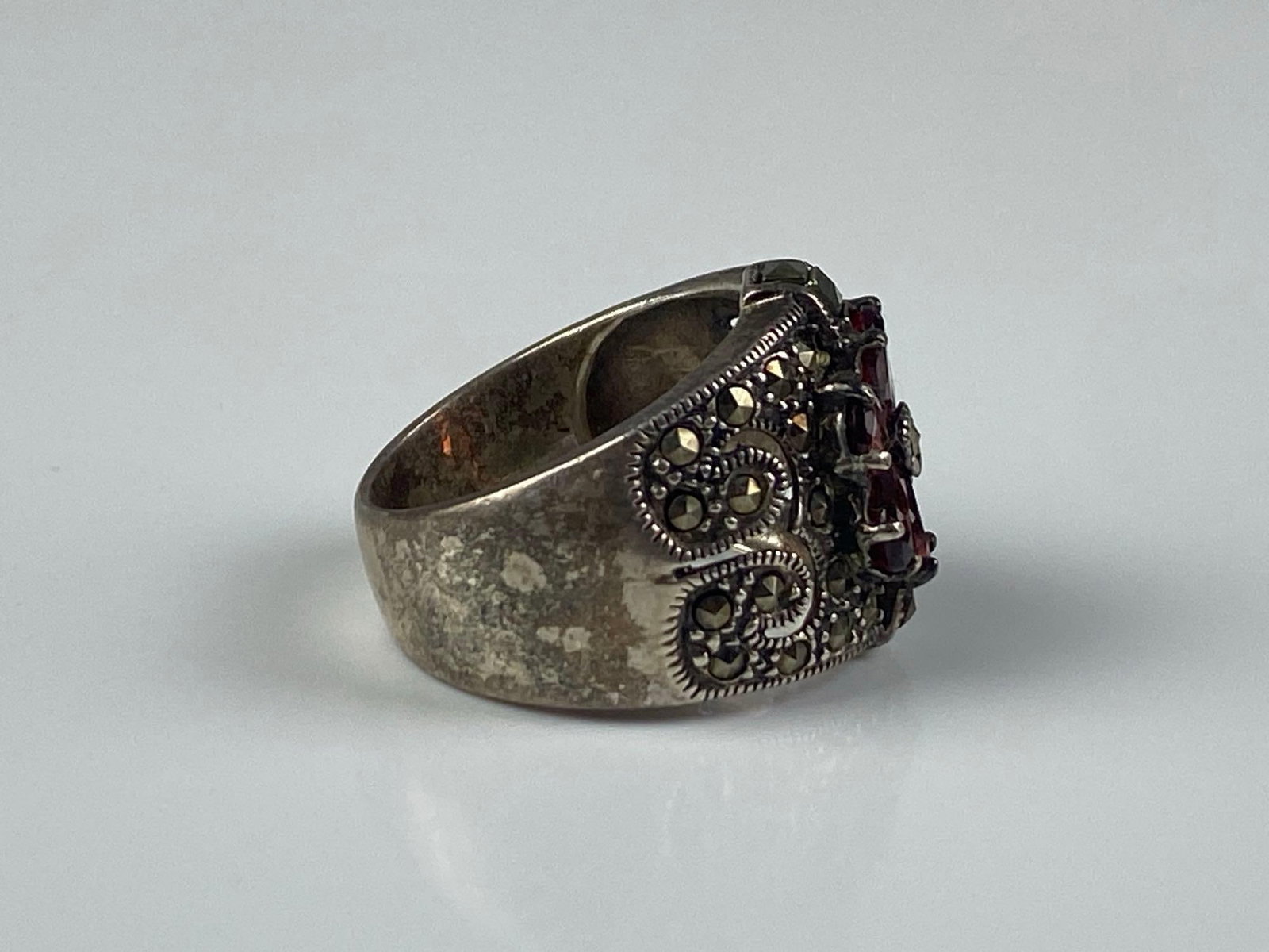 CFJ Signed Sterling Silver Garnet Marcasite Cluster Ring - 4