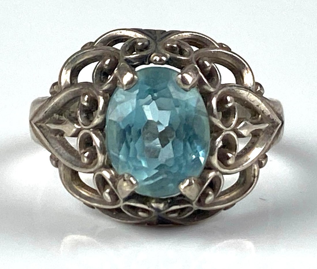 KBM Signed Sterling Silver Blue Topaz Openwork Ring: Size 9