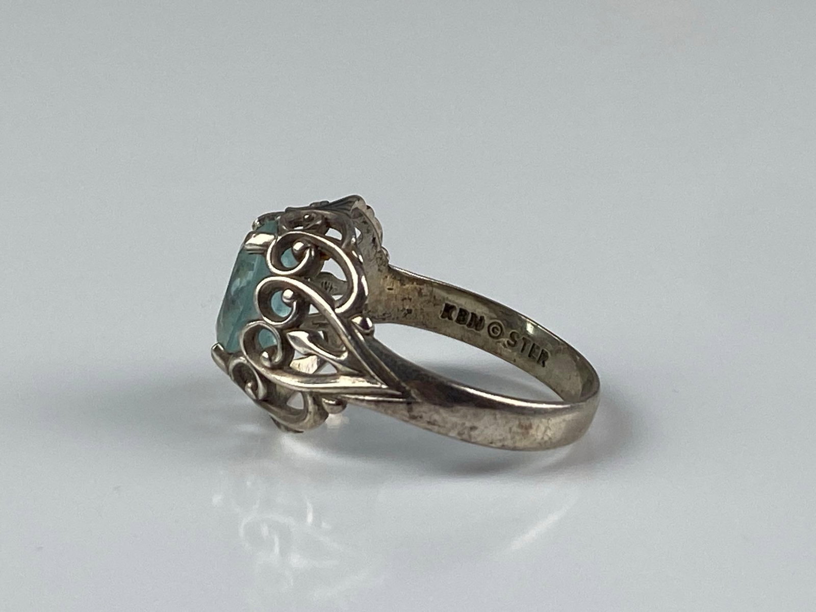 KBM Signed Sterling Silver Blue Topaz Openwork Ring - 2