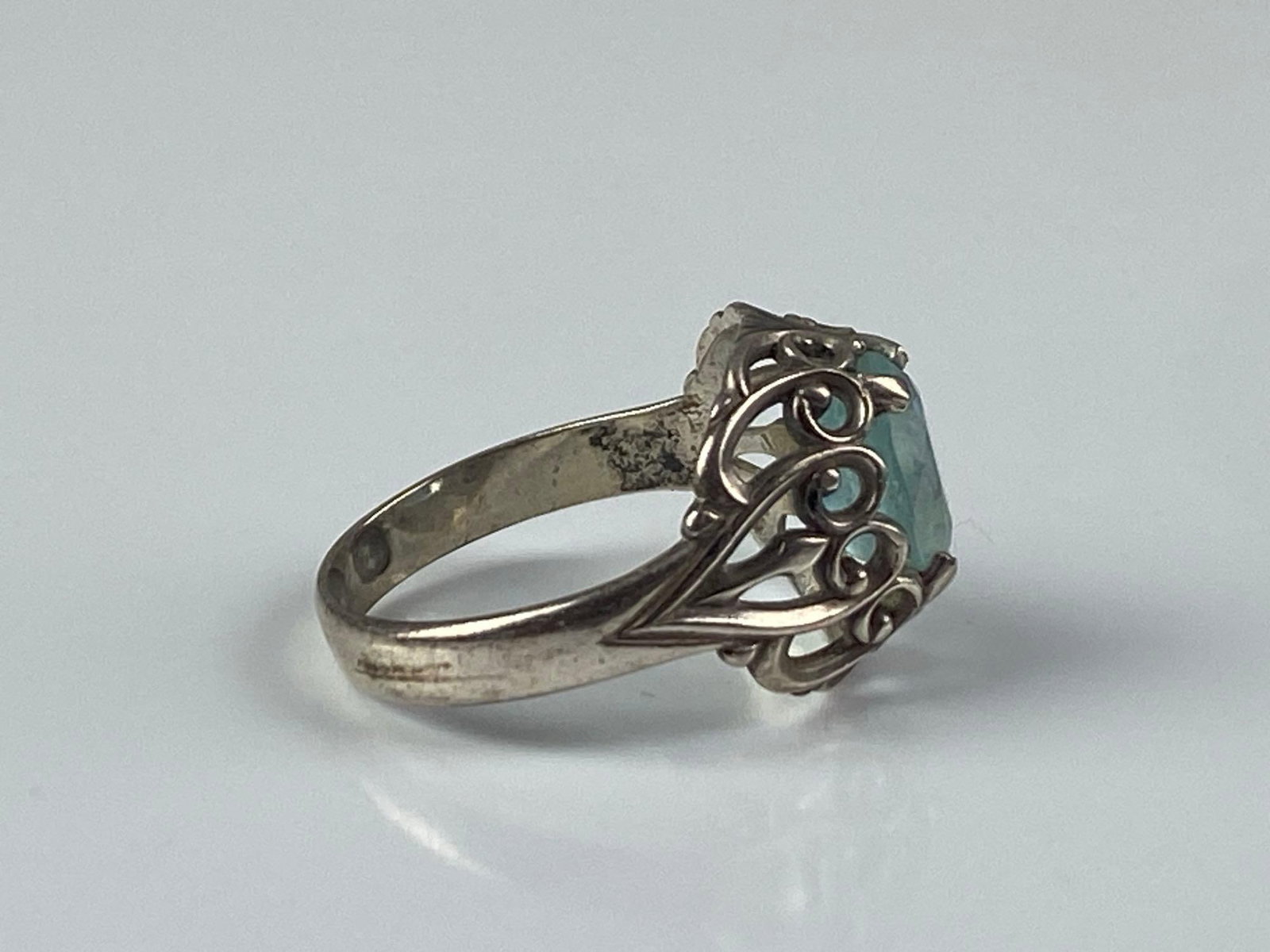 KBM Signed Sterling Silver Blue Topaz Openwork Ring - 4