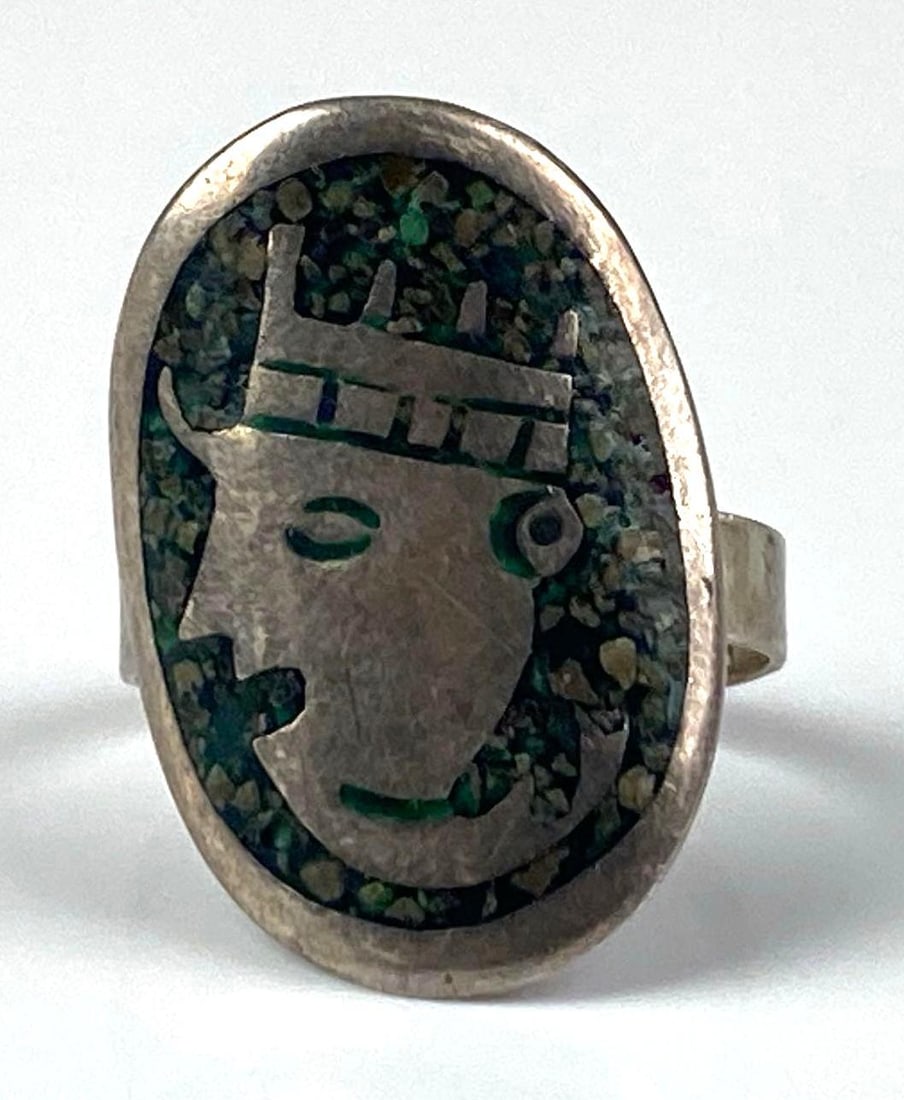 Mexican Sterling Silver Turquoise Inlay Crowned Portrait Adjustable Ring: Size ~ 9