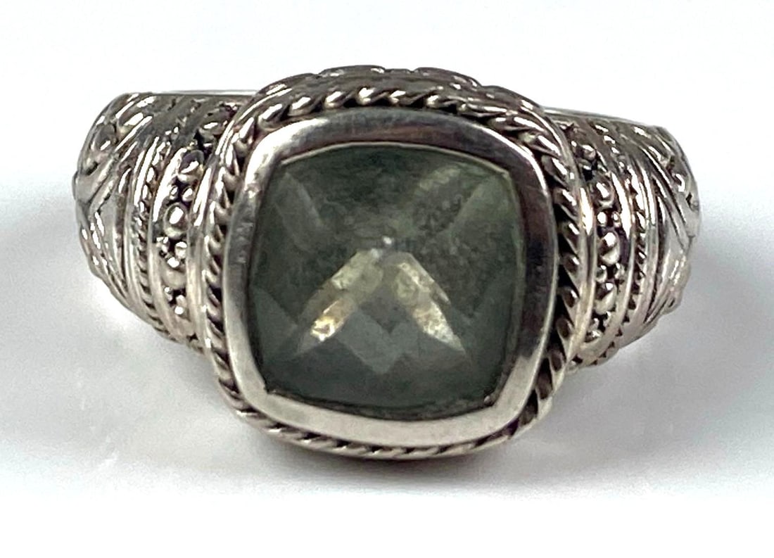Samuel B Signed Sterling Silver Green Amethyst Openwork Ring: Size 8 1/2
