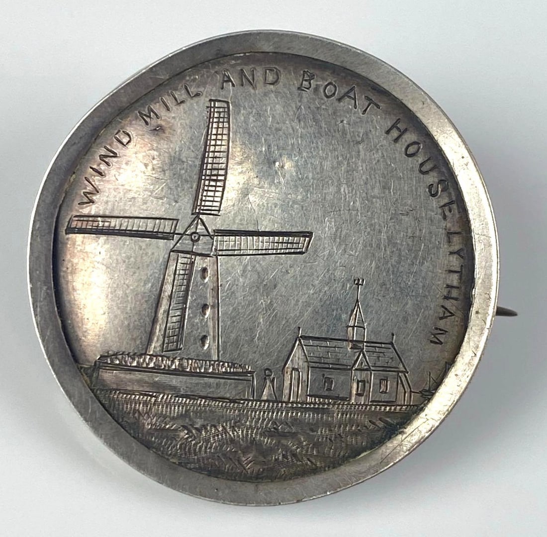 Sterling Silver Wind Mill and Boat House Lytham Pin: Measures 1 1/4 in diameter