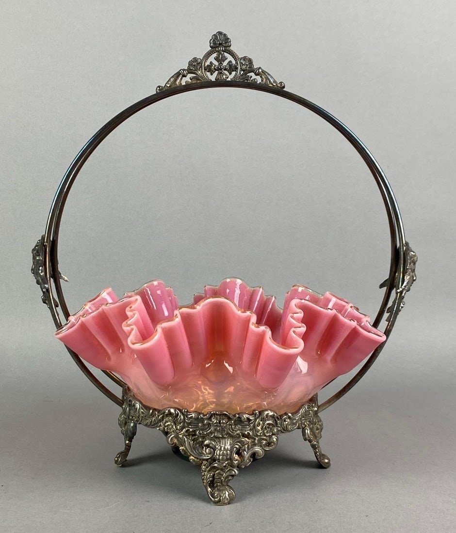 Antique Victorian Art Nouveau Silver Plated Cranberry Ombre Bridal Basket: Features a ruffled ribboned edge, measures 10 3/4 H x 9 1/2 W x 7 1/2 D