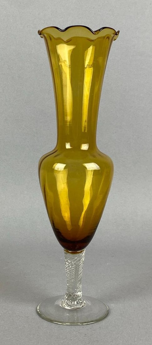 Amber Ruffled Edge Twisted Stem Art Glass Vase: Measures 8 H x 2 1/4 W