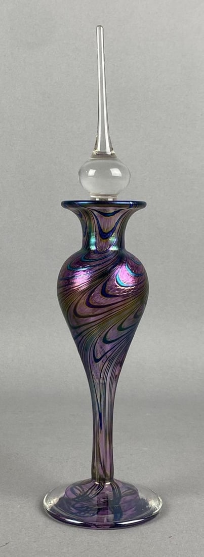 Robert Held Signed Iridescent Speckled Pulled Swirl Art Glass Perfume: Pontil mark shown, measures 10 1/2 H x 2 1/2 W