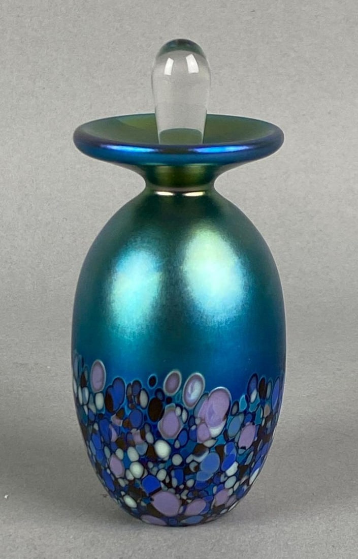Satin Speckled Iridescent Art Glass Perfume: End of Dabber broken, Measures 4 H x 2 W x 2 D