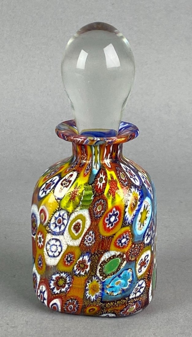 Millefiori Art Glass Perfume: pontil mark shown, measures 4 H x 1 3/4 W x 1 1/2 D