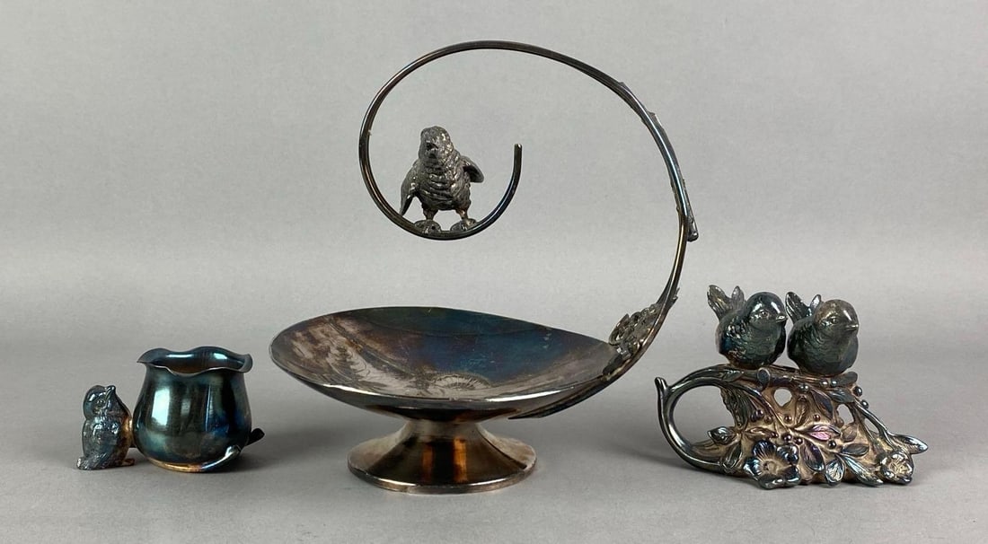 Group of 3 WR Quadruple Silver Played Bird Motif Table Set (1 of 3)