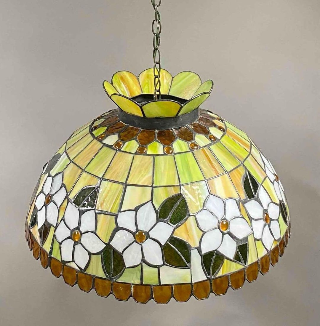 Floral Motif Slag Glass Hanging Ceiling Light Fixture: THIRD PARTY SHIPPING RECOMMENDED, measures 36 H x 23 W x 23 D