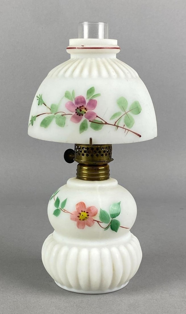 Vintage Hand Painted Floral Motif Satin White Glass Oil Lamp: Measures 8 H x 4 W x 4 D