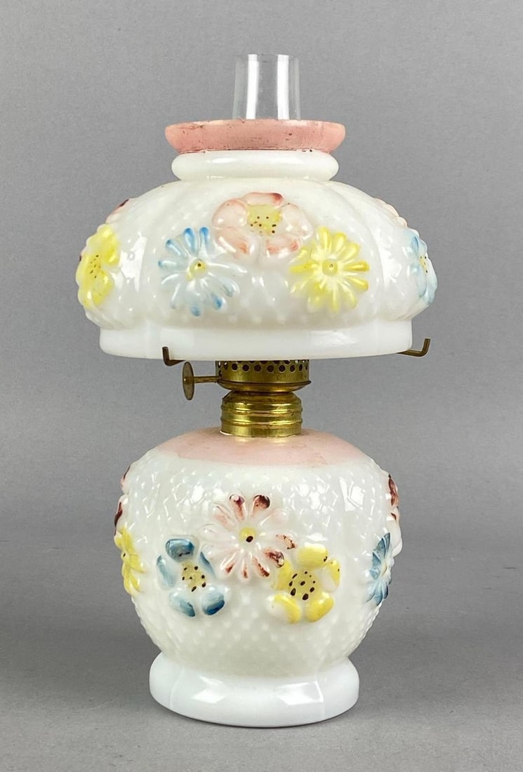 Vintage White Floral Motif Glass Oil Lamp (1 of 3)