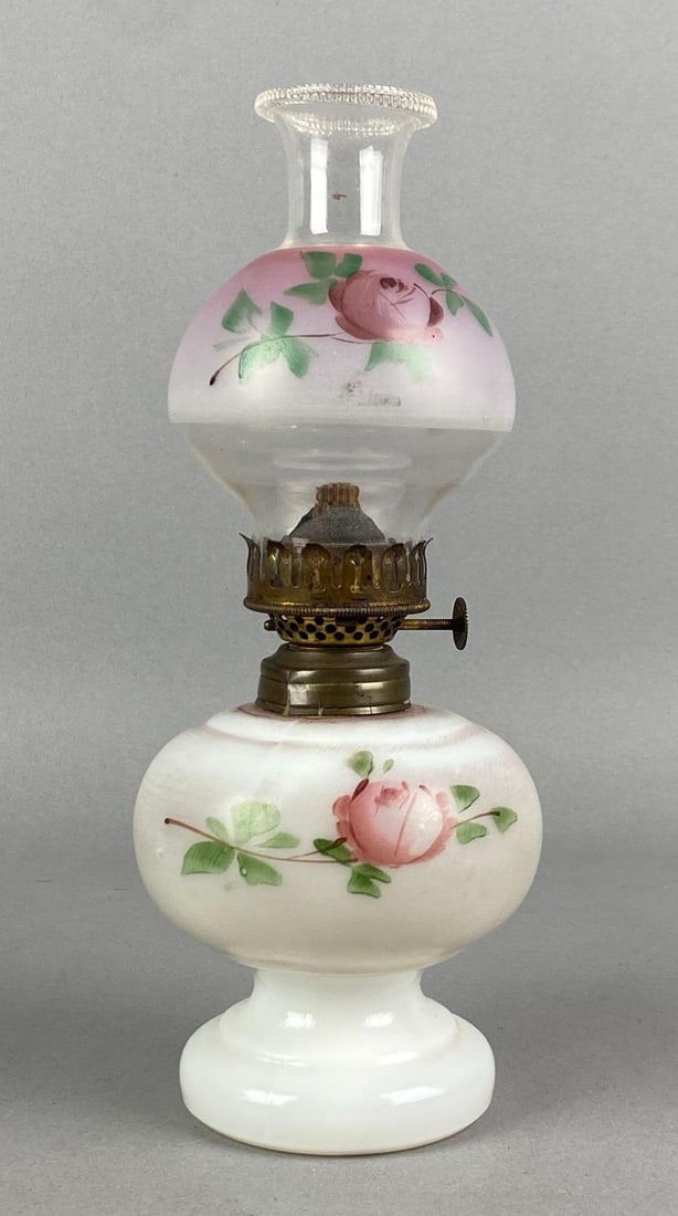 Vintage Hand Painted Rose Motif Glass Oil Lamp (1 of 3)