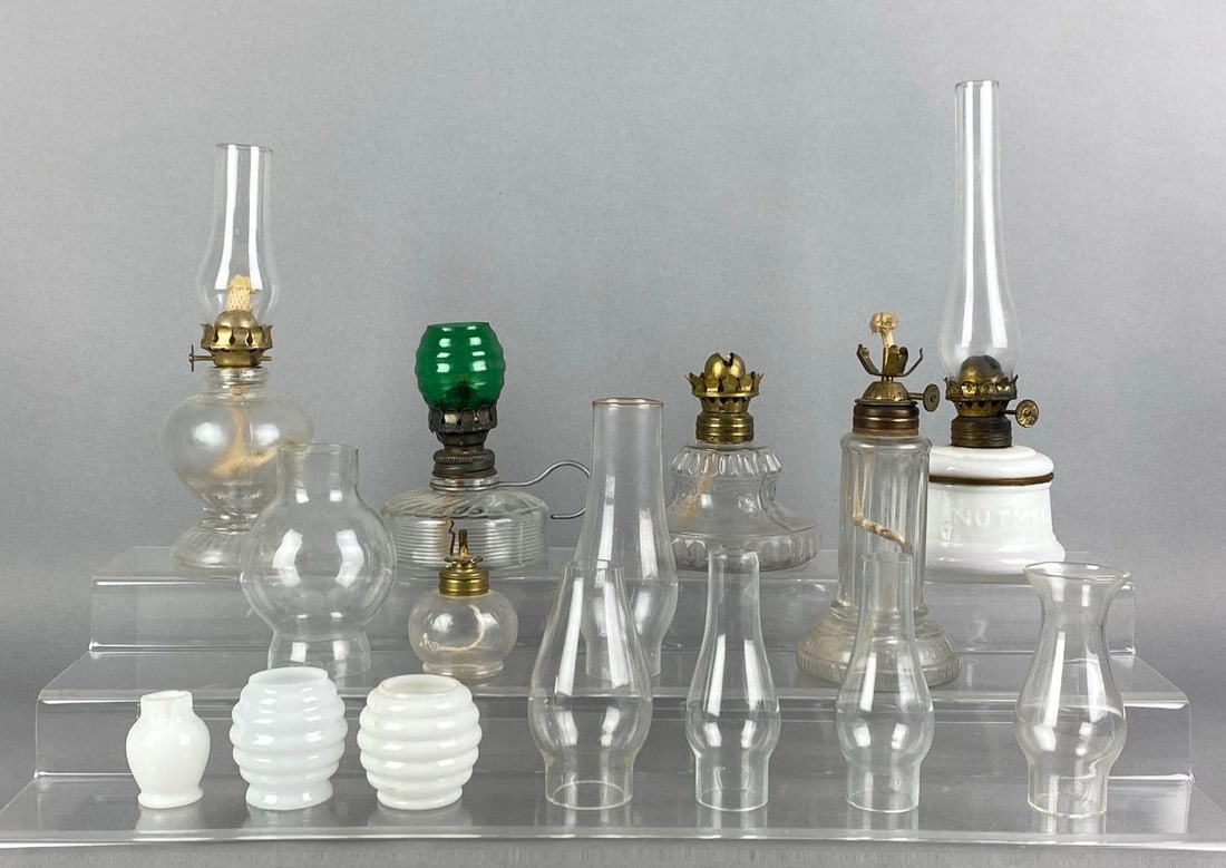 Group of Vintage Miniature Oil Lamps and Glass Chimneys (1 of 3)