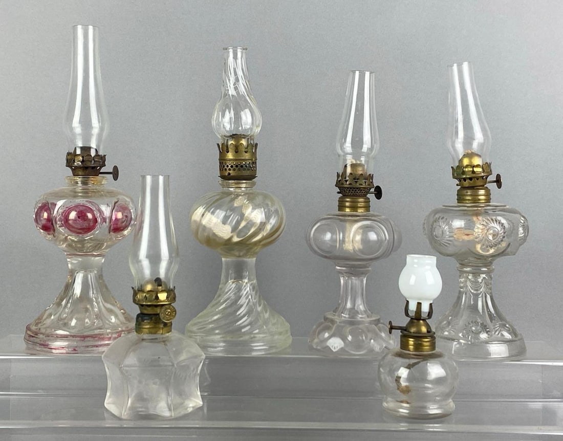 Group of 6 Vintage Miniature Pressed Glass Oil Lamps (1 of 3)