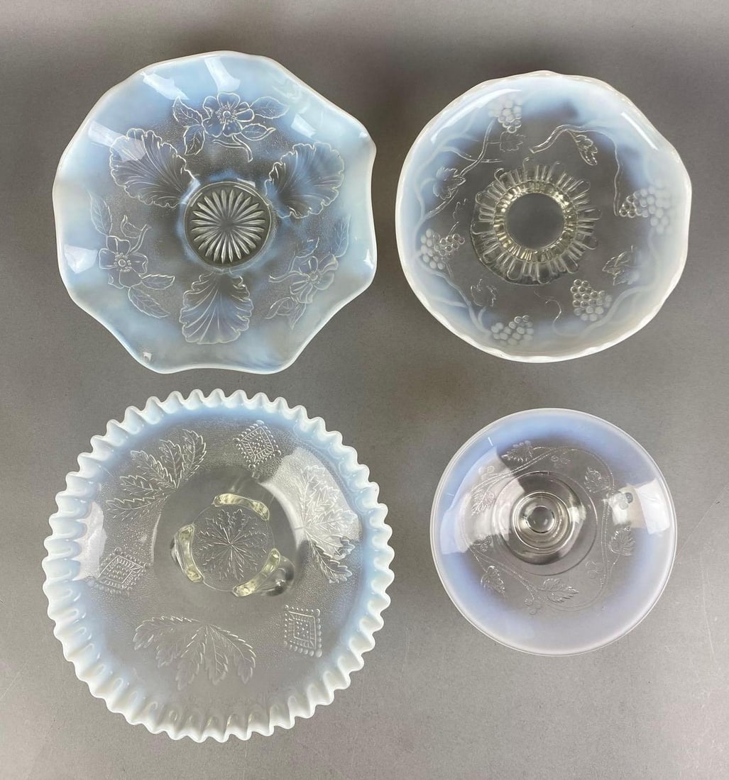 Group of 4 Opalescent Floral Motif Art Glass Compotes Bon Bon Dishes (1 of 3)