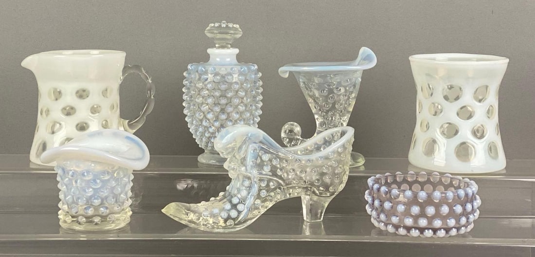 Group of 7 Opalescent Art Glass Items: Includes opalescent cut to clear creamer and sugar, hobnail shoe, hobnail perfume and more, largest measures 3 1/2 H x 4 W x 3 D