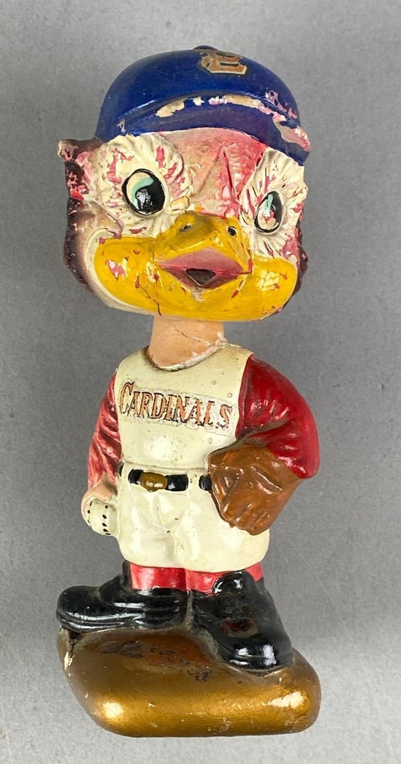Vintage Sports Specialties St Louis Cardinals Plaster Bobblehead: Many cracks, chips and paint wear throughout, measures 7 H