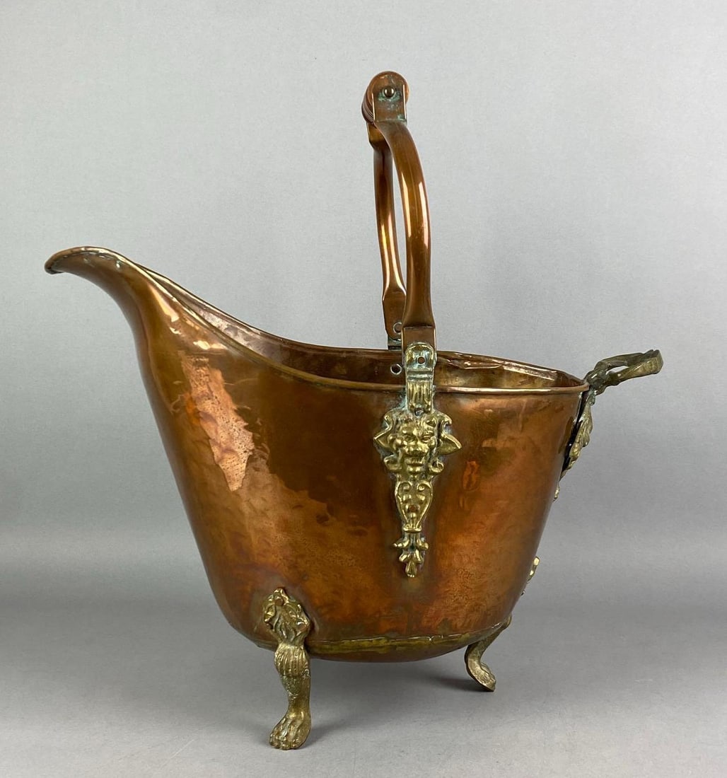 Vintage Hammered Copper and Brass Footed Coal Shuttle (1 of 5)