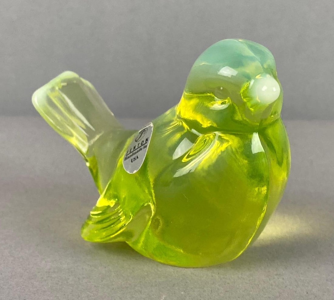 Vintage Fenton Art Vaseline Glass Bird Figure: measures 3 tall.