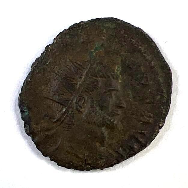 Circa A.D. 300 Roman Bronze Coin with Emperor and Standing Figure (1 of 2)